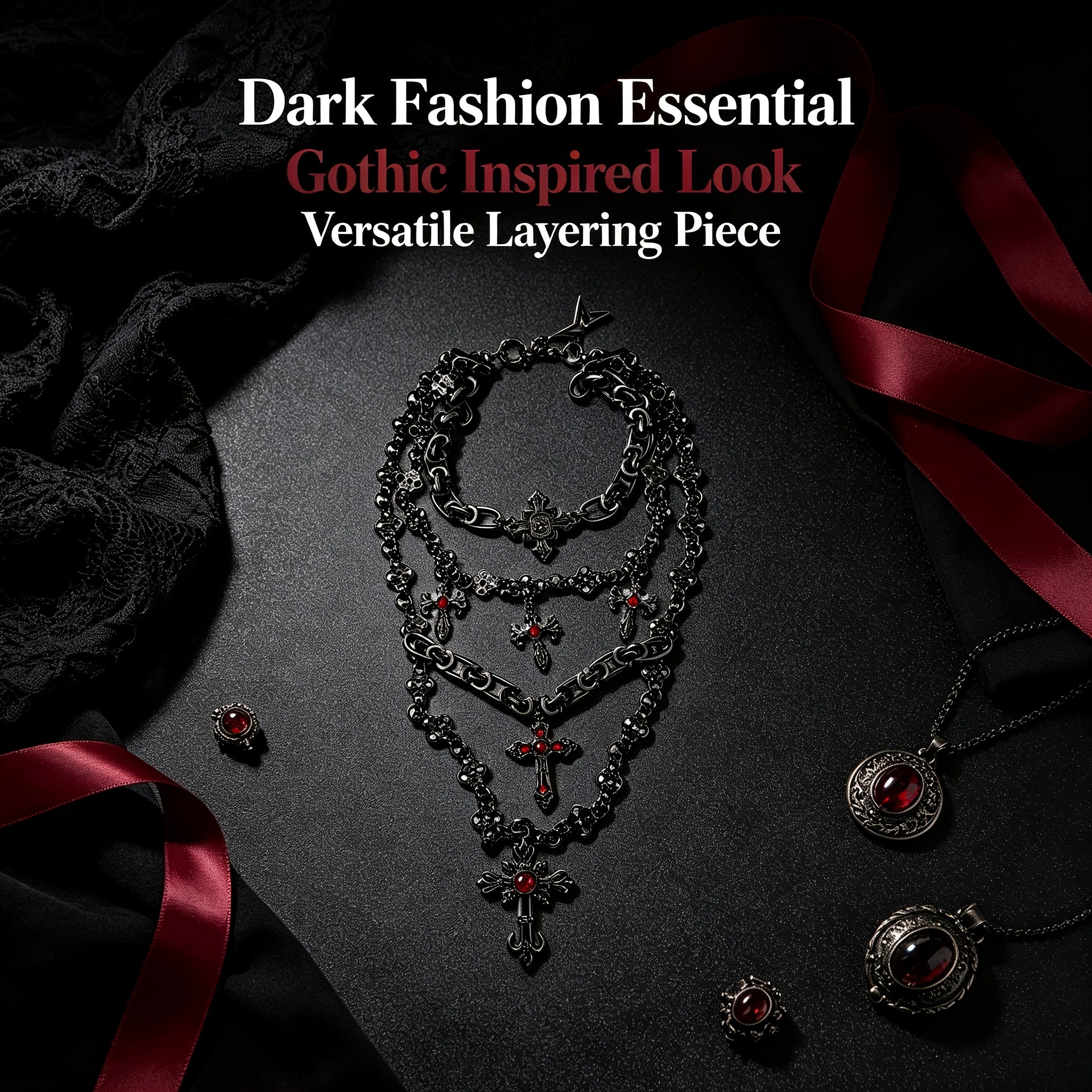Women's Antique Black Gunmetal Multi-Layer Cross Necklace